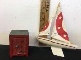 Vintage Tin Children safe bank and sailboat