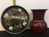 Red Vase GS 670 and tray painted by hand