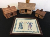 Vintage frame stitch cross and house built with twigs