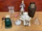 Ladies watches, perfume rose, figurine, glass funnel, vase pitcher and bowl plus