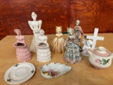 Figurines including Haeger matching pink and white ladies