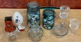 Ball jars with buttons, candy dishes nut choppers plus