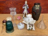 Ladies watches, perfume rose, figurine, glass funnel, vase pitcher and bowl plus