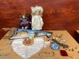 Porcelain dolls, hand painted Indian scene on saw, little figurine pieces and costume jewelry