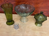 Green pedestal dishes and candy dish with lid