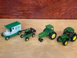 1/43rd? Ertl John Deere tractors, JD Sprayer and Fuller Coin Bank