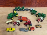 Farm toys including 80s John Deere 110 mower and 1/64th