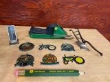 John Deere Christmas items, large pencil, plow, Farmers Elevator thermometer