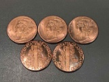 5x-Liberty Head 1oz .999 Fine Copper Coin