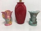 Vintage Gonder Double Swan Pottery Vase and red vase