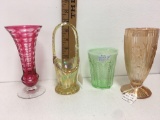 Iris and heritage tumbler, carnival basket and peacock tail opalescent glass