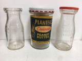 Vintage 1960s Planters Creamy Peanut Butter 18 oz. and Bryson Dairy Milk bottles