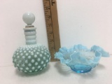 Glass Bowl White Opal Blue and glass blue bottle
