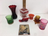 Fenton Red Glass Slippers, red glass vase and more