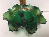 Fenton Carnival Glass BOWL ! Green Grape & Cable ruffled 3 footed