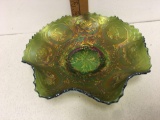 Fenton Green carnival bowl, Dragon and lotus 2?x8-1/2?