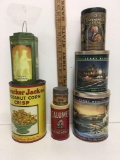 Vintage Tin Containers 7 Piece Cracker Jack, Calumet, Twining Tea.