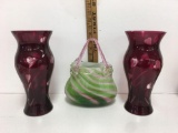 Dillard's Art Glass Handbag Basket Vase Green & Pink Swirls 10