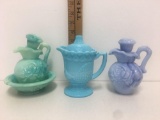 vintage pitcher W glass and blue glass Avon pitcher