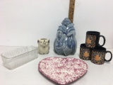 Cookie jar and heart shaped plate and tiger mugs