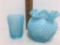 Vtg Fenton Vase Blue Opalescent Hobnail Crimped Ruffle Edge Footed 4.5