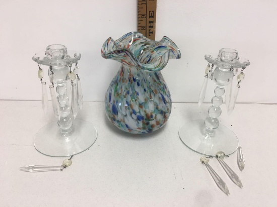 Hand Blown Art Glass Ruffled Vase Confetti Pattern Aqua, Orange, Blue and Candelario stick holder