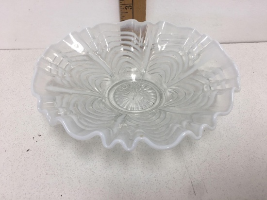 Fenton Reverse Drapery Clear White Opalescent Glass Ruffled Bowl Crimped 8 3/8"