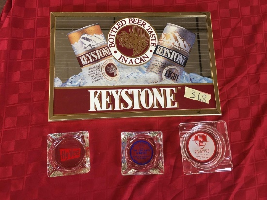 vintage Keystone Bottled Beer Mirror Bar Sign Red Advertising 14?x10? and Hy-vee ashtray
