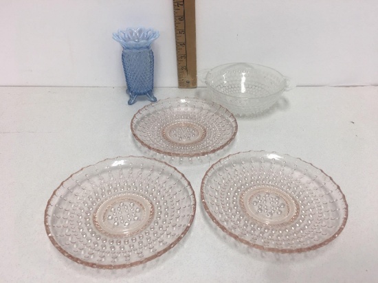 Soft hobnail pink raised dish 7? and Footed Vase Pressed Glass Light Blue Diamond Pattern Lace Rim