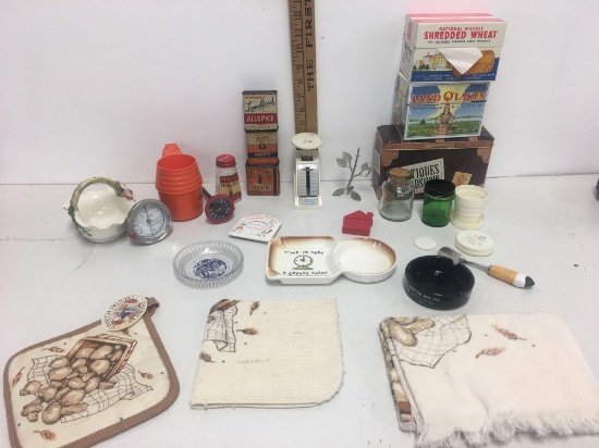 Vintage Tin with recipes, ashtrays, scale and empty boxes of species