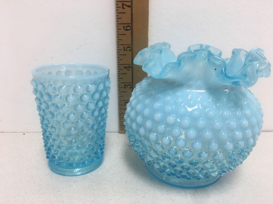 Vtg Fenton Vase Blue Opalescent Hobnail Crimped Ruffle Edge Footed 4.5" Tall
