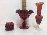 RARE Vintage Fenton Ruby Red Double Ruffled, Thumbprint Pattern Amber Edge Dish and base
