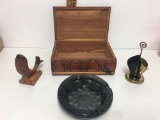 Vintage Dark Glass Cigar Pipe Ashtray and Wood box