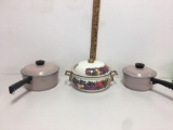 Vintage Pan Enamelware - Fruit Cornucopia - Brass Handles - Pot and Lid and Club Cookware