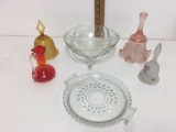 Vintage JEANETTE Clear Glass PHEASANT Bird 3 Footed Bowl Candy Dish and bells