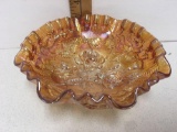 Vintage Imperial Large Heavily Embossed Marigold Lustre Rose Carnival Glass Bowl