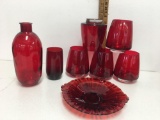 4 Red Glass 5? tall and Vintage Transparent Dark Red Glass Serving Plate Platter Bowl Anchor