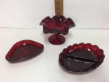 Ruffled Footed Bowl~ Ruby Red~Mid Century~golden rim and tray with divided