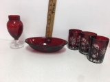 Vintage Red Ruby dish 8-1/2? longitude and 3 Cut To Clear CzCrystal Glasses