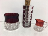 Lot of Cranberry Glass; Decorative Patterns vase , Toothpicks, Candle Holder 4?