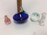 Art Blue glass and Pink Swirl Art Glass Paperweight Bird. Signed