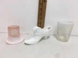 Vintage Fenton RARE Opalescent PINK Hobnail Glass Top Hat Vase Dish and Fenton slipper