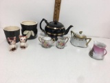 Minature pink rose gold trim iridescent sugar & creamer 3in tall, salt, pepper and more