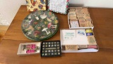 craft supplies and vintage round mushroom puzzle