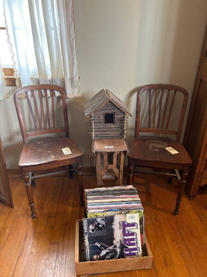 coffee table, vintage vinyl 33 rpm records( soul, rock, jazz), TWIG LOG house, chairs(two)