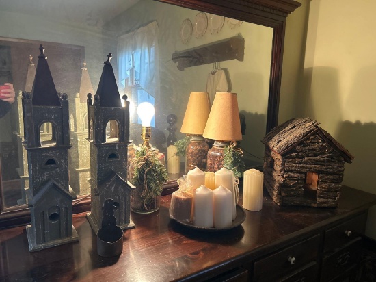 Handmade wooden houses candles pine cones & misc