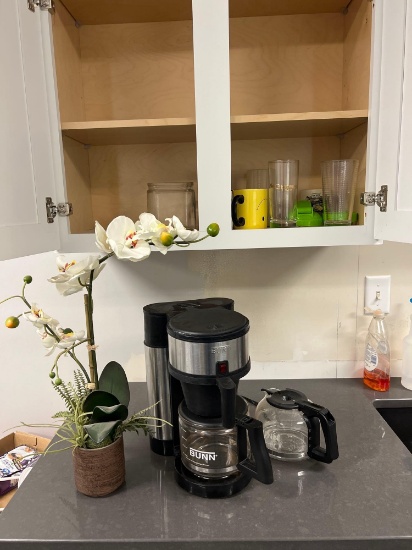 kitchen cabinet contents, coffee maker plus