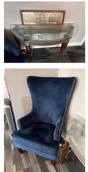 Blue wing back chair with glass top table and vintage school picture