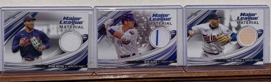 assorted game used memorabilia baseball cards, Correa, Suzuki, Buxton