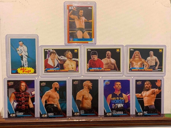 assorted wrestling cards, Fuji, Cole, race, Volkoff, Sheik, hearty, Miro, sky, Kazarian, pac